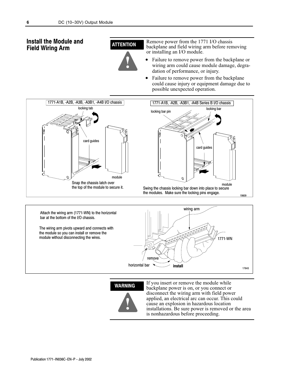 Install the module and field wiring arm | Rockwell Automation 1771-OVN DC Output Mod. Installation Instructions User Manual | Page 6 / 16