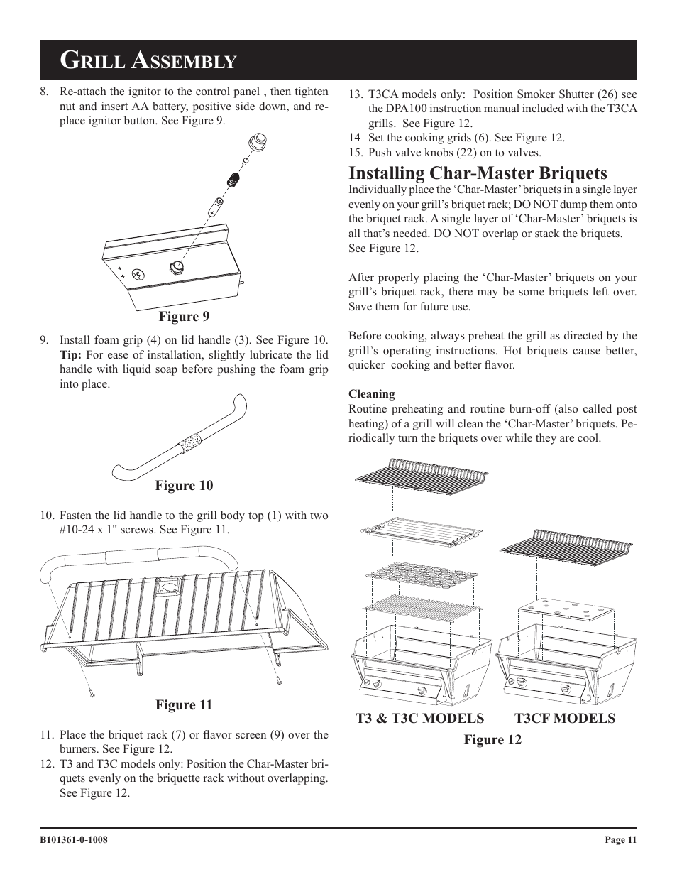 Rill, Ssembly, Installing char-master briquets | Broilmaster T3CF-2 User Manual | Page 11 / 24