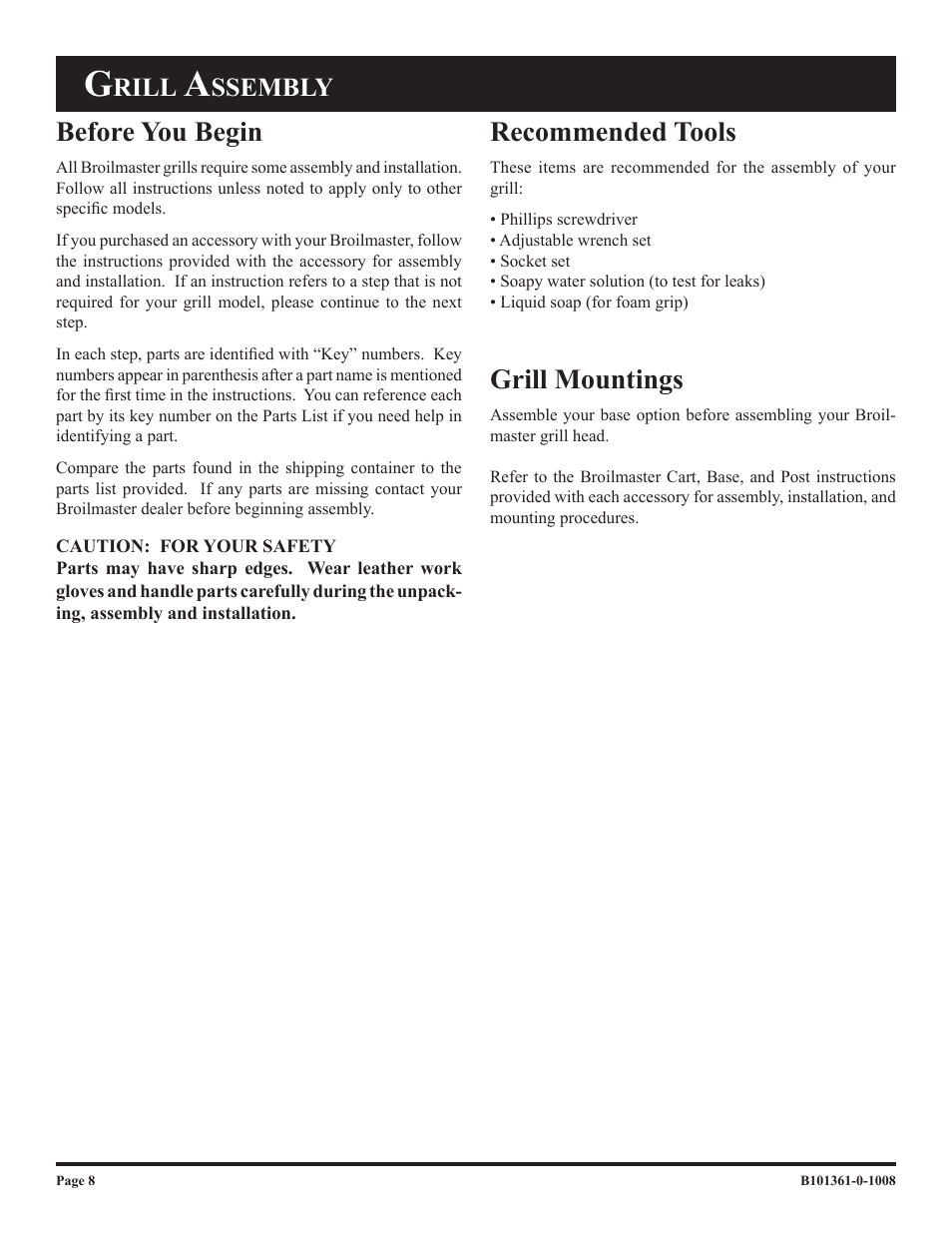 Recommended tools, Grill mountings, Before you begin | Rill, Ssembly | Broilmaster T3CF-2 User Manual | Page 8 / 24