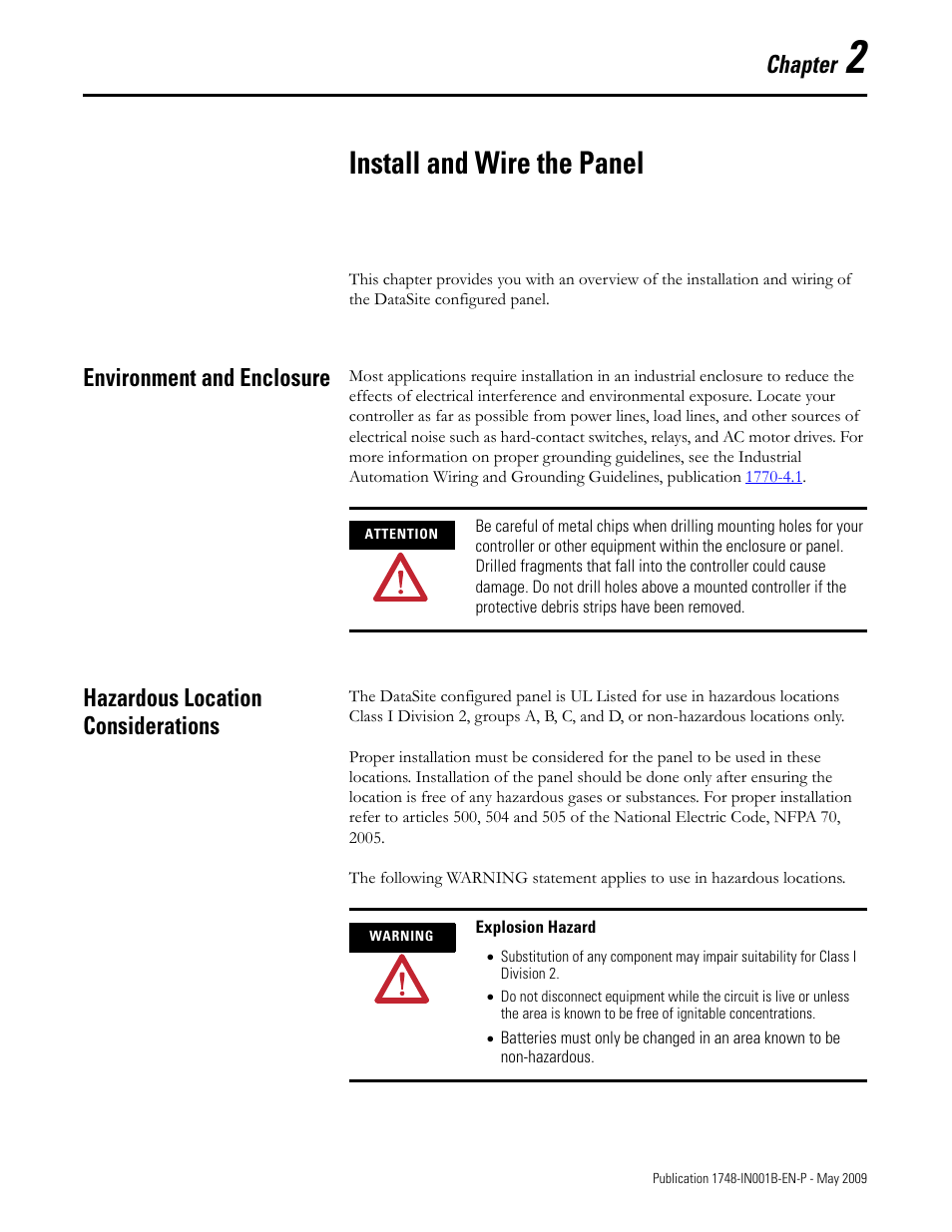 Chapter 2, Install and wire the panel, Environment and enclosure | Hazardous location considerations, Chapter | Rockwell Automation 1748 DataSite Configured Panel Installation Instructions User Manual | Page 15 / 56