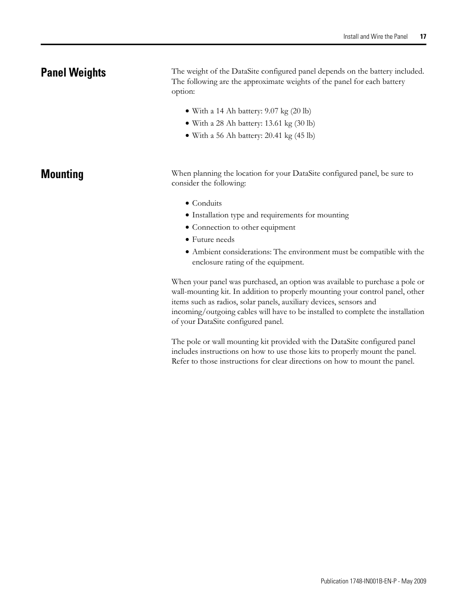 Panel weights, Mounting, Panel weights mounting | Rockwell Automation 1748 DataSite Configured Panel Installation Instructions User Manual | Page 17 / 56