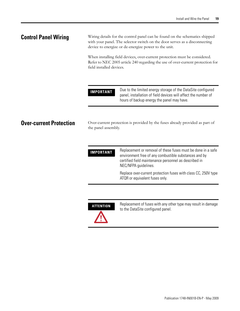 Control panel wiring, Over-current protection, Control panel wiring over-current protection | Rockwell Automation 1748 DataSite Configured Panel Installation Instructions User Manual | Page 19 / 56
