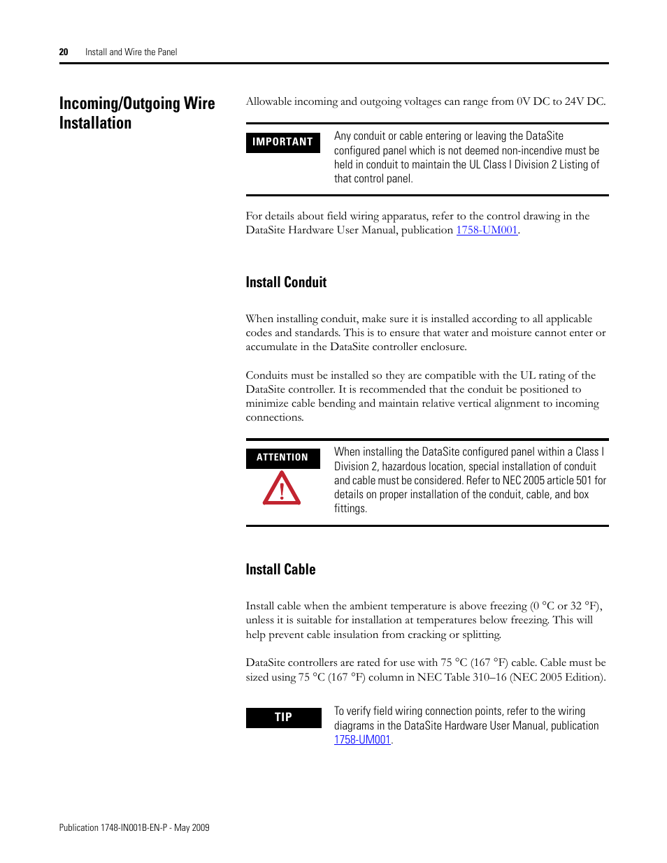 Incoming/outgoing wire installation, Install conduit, Install cable | Install conduit install cable | Rockwell Automation 1748 DataSite Configured Panel Installation Instructions User Manual | Page 20 / 56