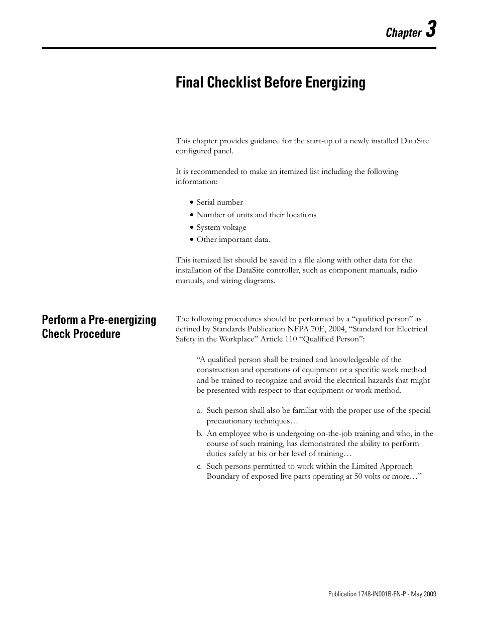 Chapter 3, Final checklist before energizing, Perform a pre-energizing check procedure | Chapter | Rockwell Automation 1748 DataSite Configured Panel Installation Instructions User Manual | Page 23 / 56