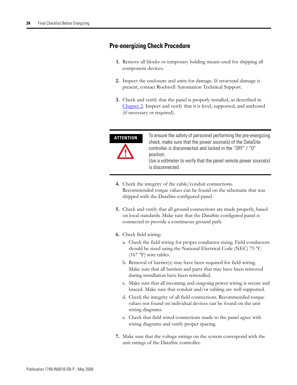Pre-energizing check procedure | Rockwell Automation 1748 DataSite Configured Panel Installation Instructions User Manual | Page 24 / 56