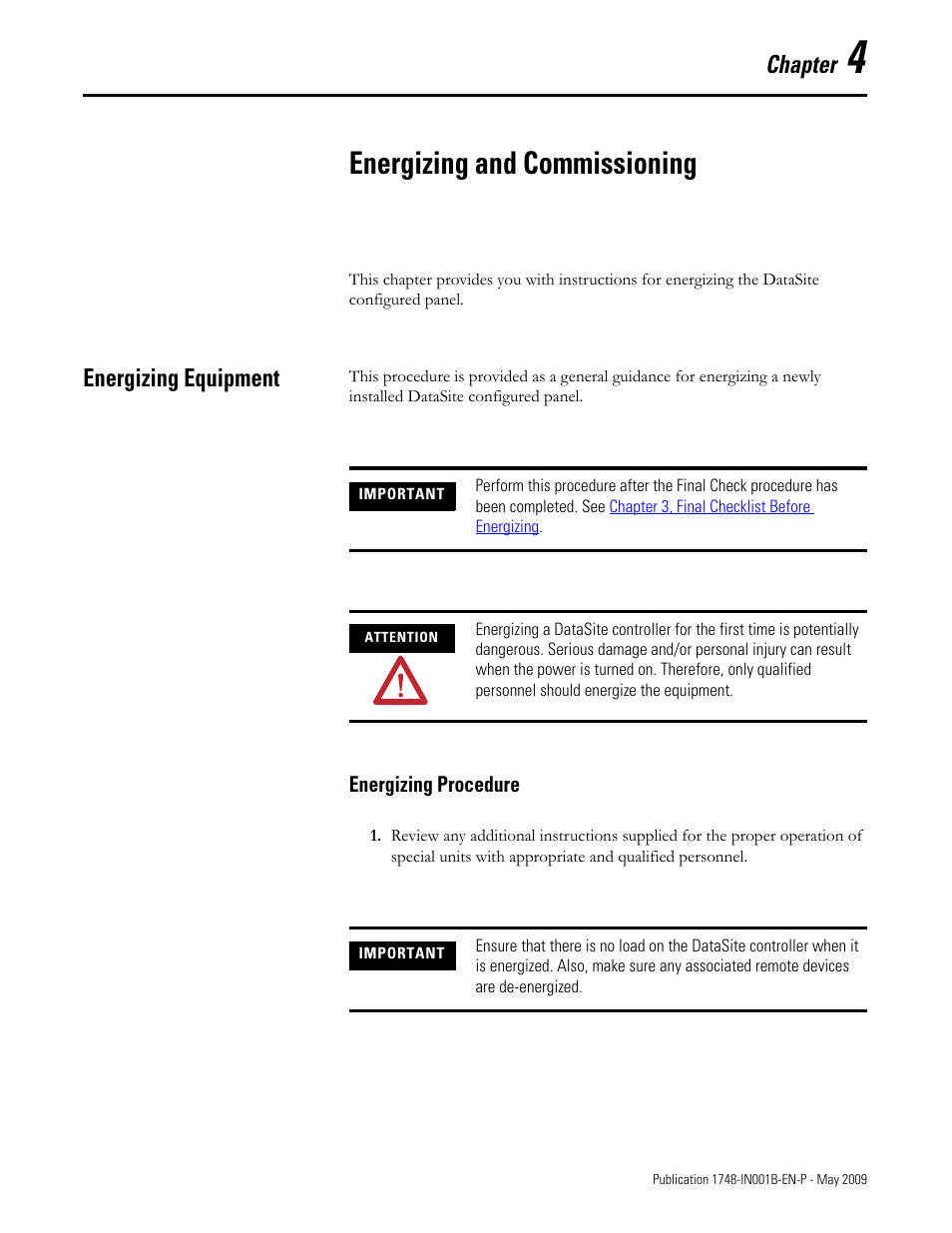 Chapter 4, Energizing and commissioning, Energizing equipment | Energizing procedure, Chapter | Rockwell Automation 1748 DataSite Configured Panel Installation Instructions User Manual | Page 27 / 56