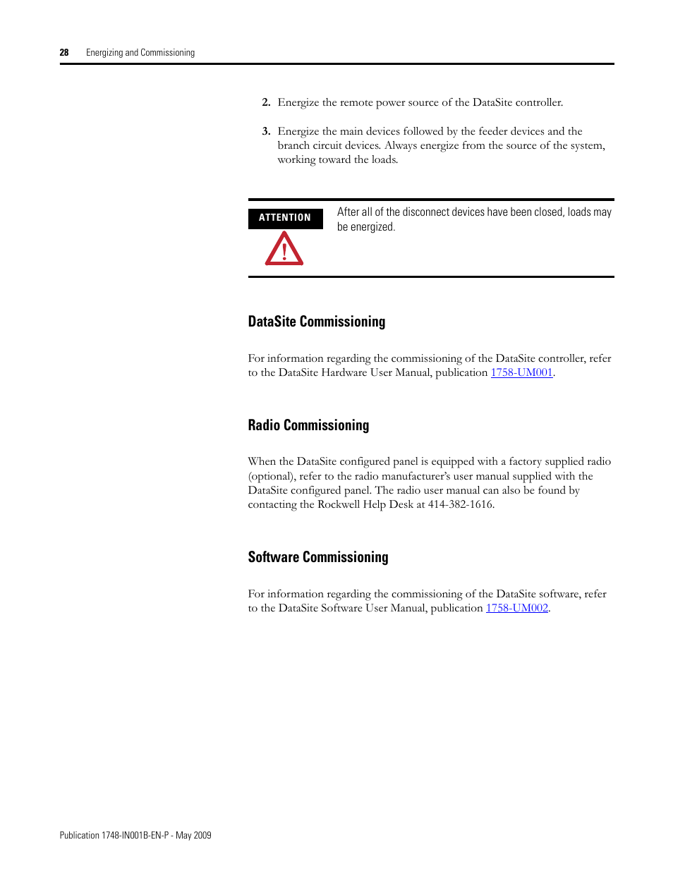 Datasite commissioning, Radio commissioning, Software commissioning | Rockwell Automation 1748 DataSite Configured Panel Installation Instructions User Manual | Page 28 / 56