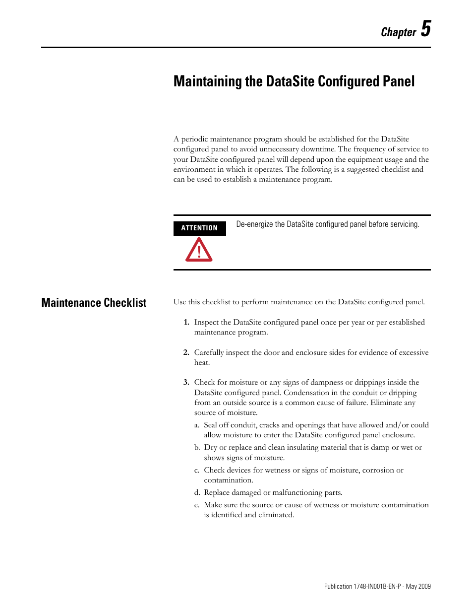 Chapter 5, Maintaining the datasite configured panel, Maintenance checklist | Chapter | Rockwell Automation 1748 DataSite Configured Panel Installation Instructions User Manual | Page 29 / 56