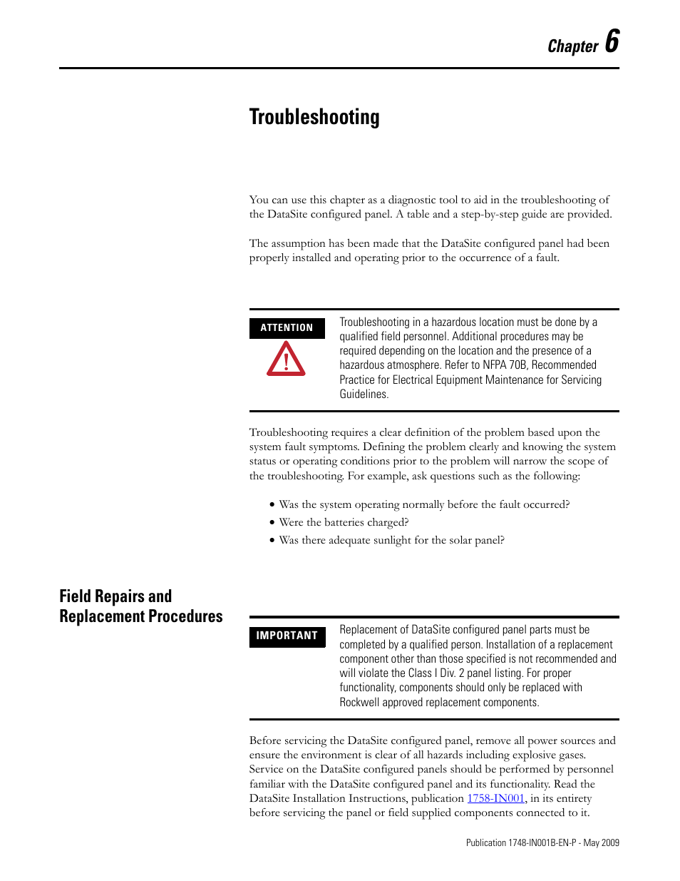 Chapter 6, Troubleshooting, Field repairs and replacement procedures | Chapter | Rockwell Automation 1748 DataSite Configured Panel Installation Instructions User Manual | Page 33 / 56