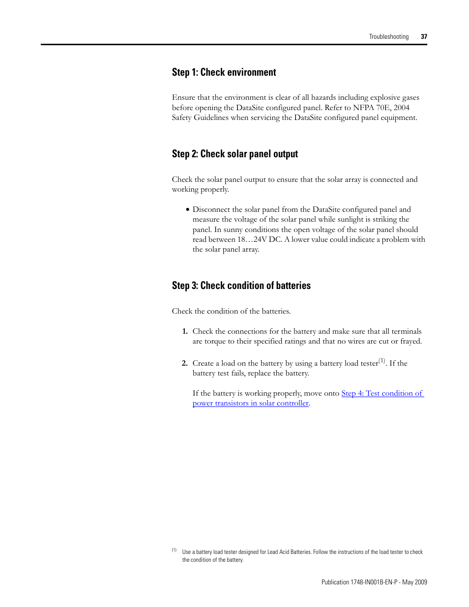 Step 1: check environment, Step 2: check solar panel output, Step 3: check condition of batteries | Rockwell Automation 1748 DataSite Configured Panel Installation Instructions User Manual | Page 37 / 56