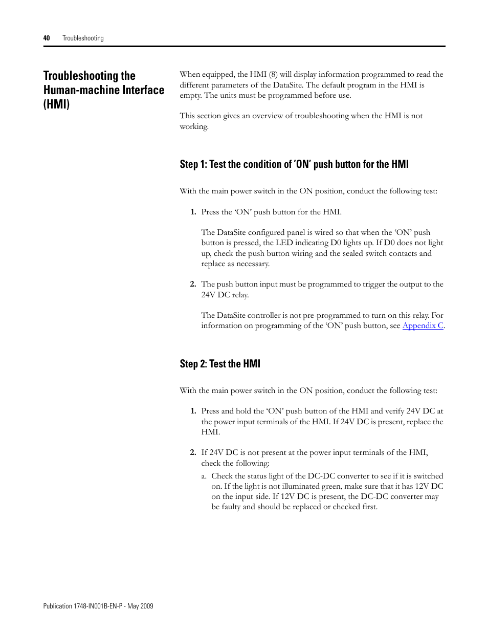 Troubleshooting the human-machine interface (hmi), Step 2: test the hmi | Rockwell Automation 1748 DataSite Configured Panel Installation Instructions User Manual | Page 40 / 56