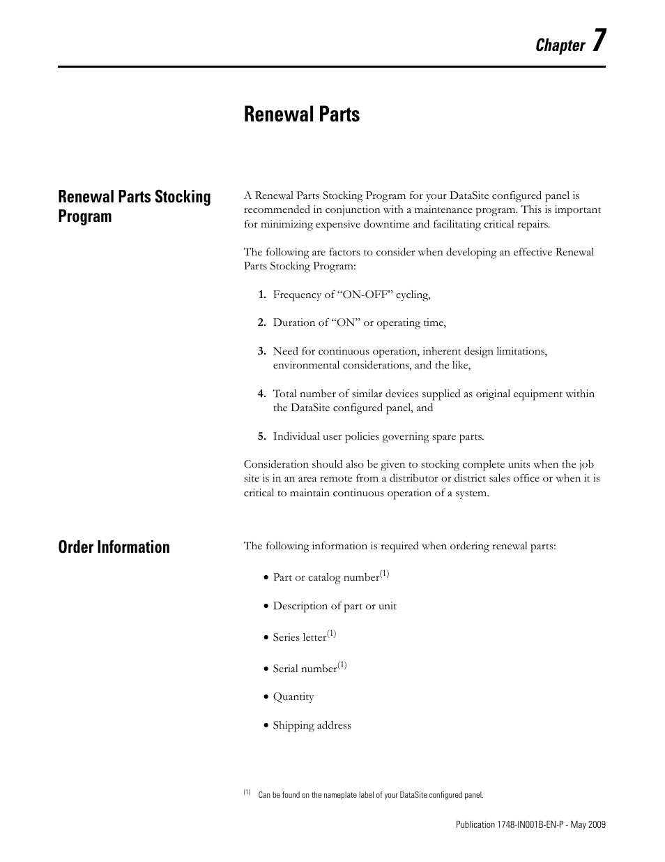 Chapter 7, Renewal parts, Renewal parts stocking program | Order information, Renewal parts stocking program order information, Chapter | Rockwell Automation 1748 DataSite Configured Panel Installation Instructions User Manual | Page 43 / 56