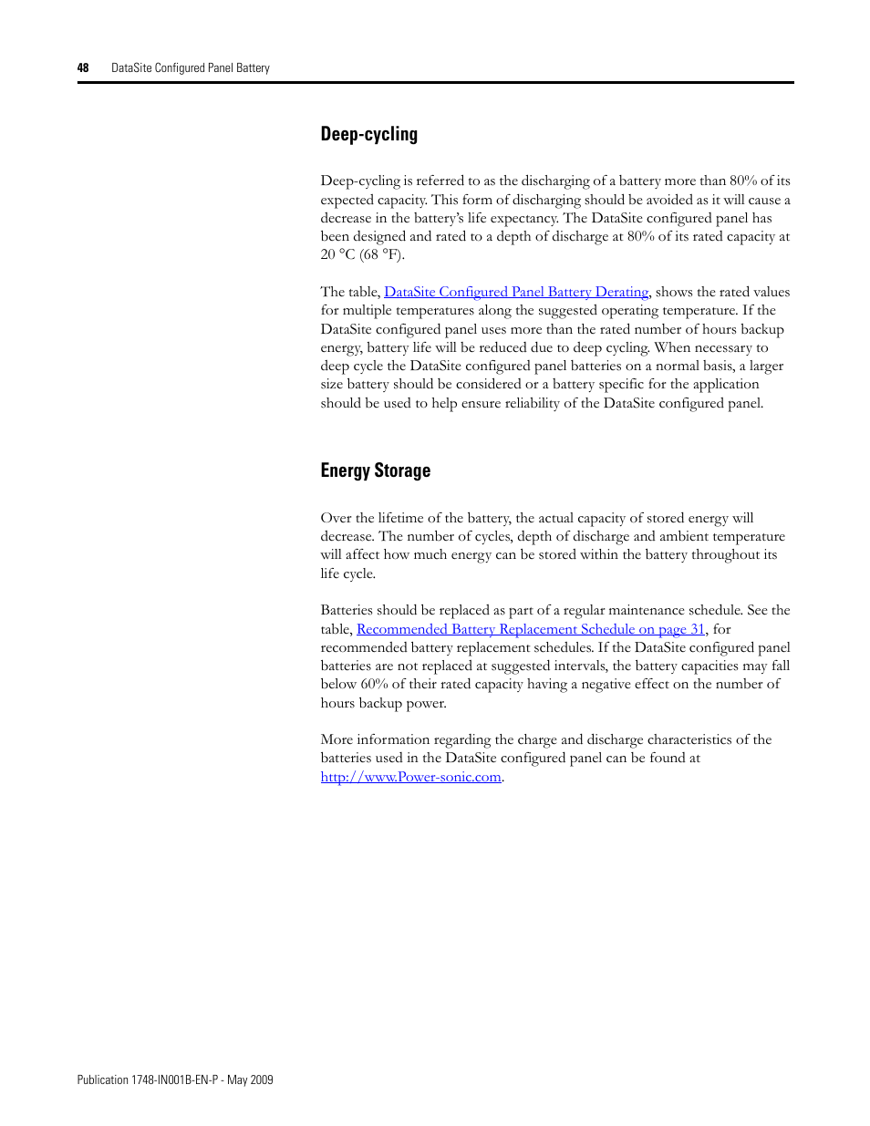 Deep-cycling, Energy storage, Deep-cycling energy storage | Rockwell Automation 1748 DataSite Configured Panel Installation Instructions User Manual | Page 48 / 56