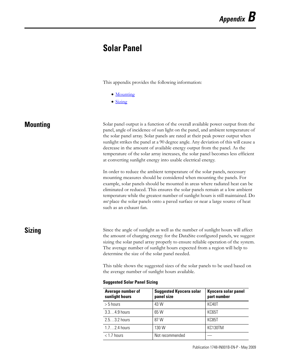 Appendix b, Solar panel, Mounting | Sizing, Mounting sizing, Appendix | Rockwell Automation 1748 DataSite Configured Panel Installation Instructions User Manual | Page 49 / 56