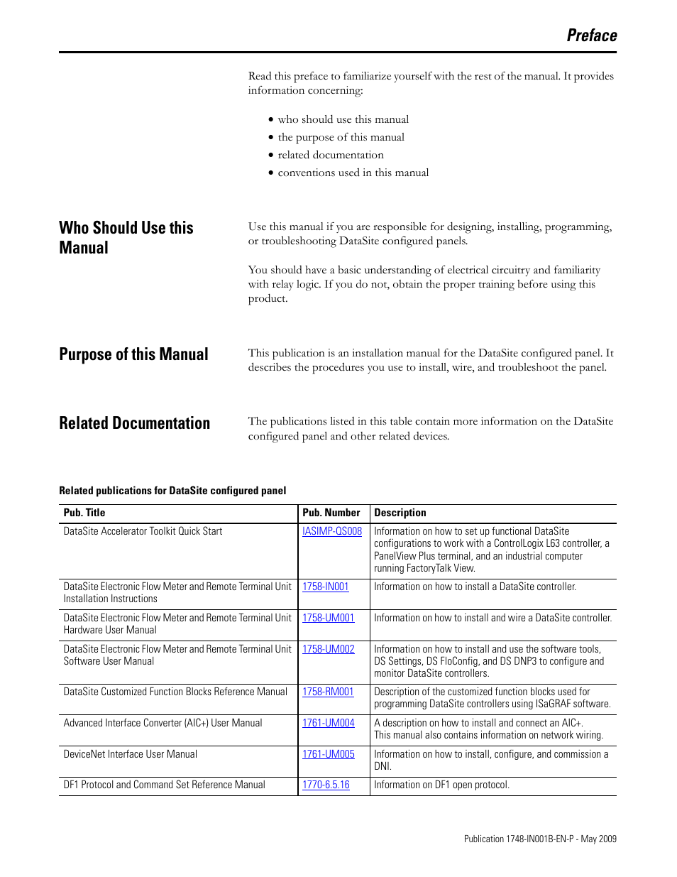 Preface, Who should use this manual, Purpose of this manual | Related documentation | Rockwell Automation 1748 DataSite Configured Panel Installation Instructions User Manual | Page 5 / 56