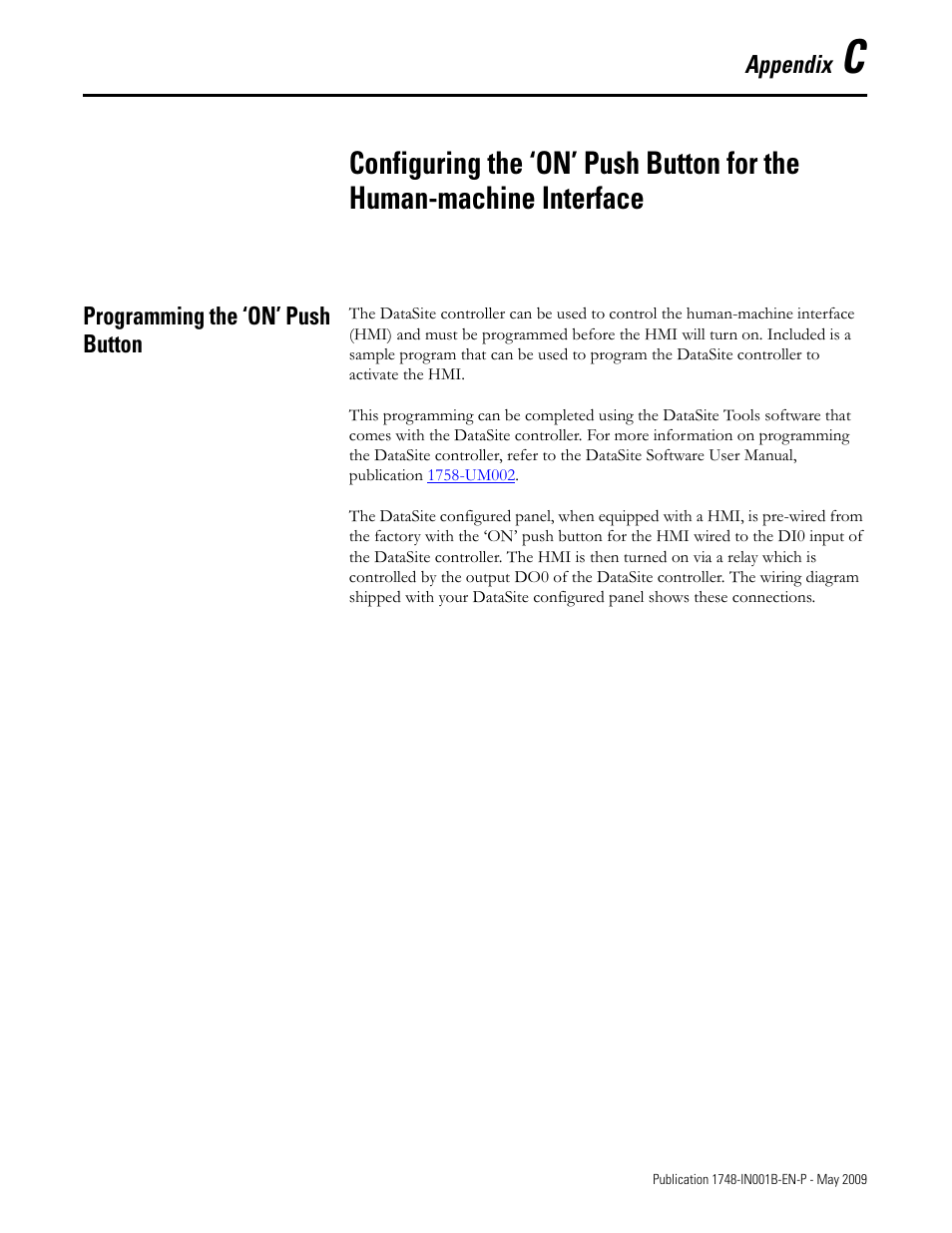 Appendix c, Programming the ‘on’ push button | Rockwell Automation 1748 DataSite Configured Panel Installation Instructions User Manual | Page 51 / 56