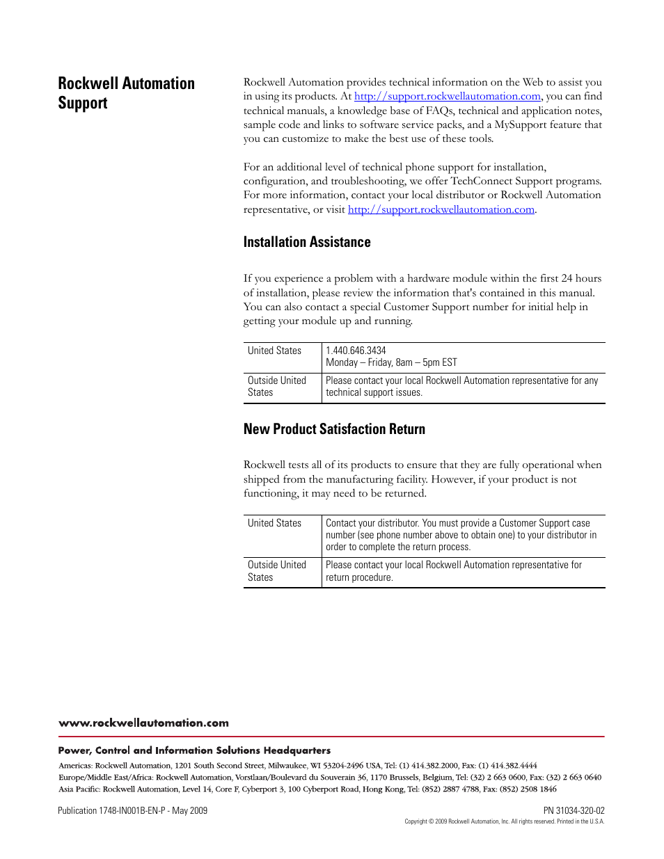 Back cover, Rockwell automation support, Installation assistance | New product satisfaction return | Rockwell Automation 1748 DataSite Configured Panel Installation Instructions User Manual | Page 56 / 56