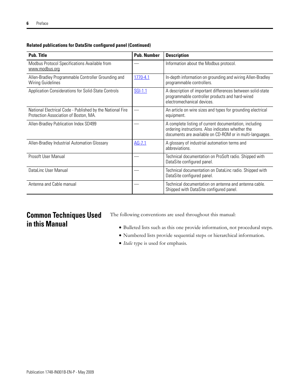 Common techniques used in this manual | Rockwell Automation 1748 DataSite Configured Panel Installation Instructions User Manual | Page 6 / 56