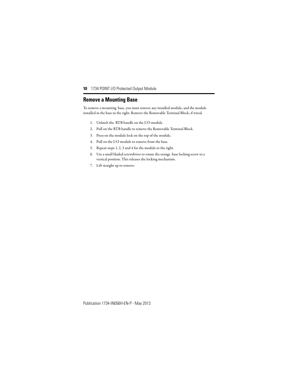 Remove a mounting base | Rockwell Automation 1734-OB2E_4E_8E, Series C POINT I/O Protected Output Module Installation Instructions User Manual | Page 10 / 22