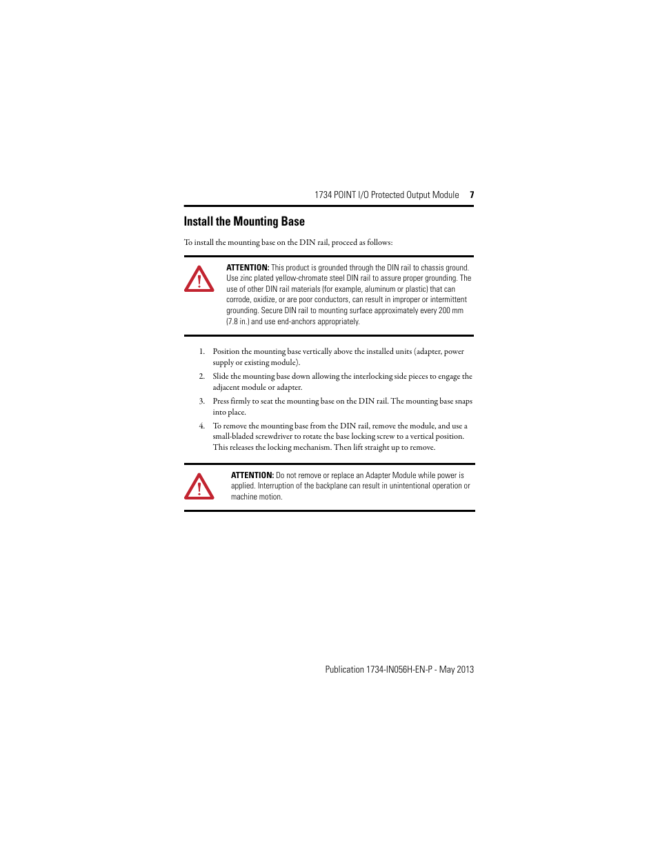 Install the mounting base | Rockwell Automation 1734-OB2E_4E_8E, Series C POINT I/O Protected Output Module Installation Instructions User Manual | Page 7 / 22