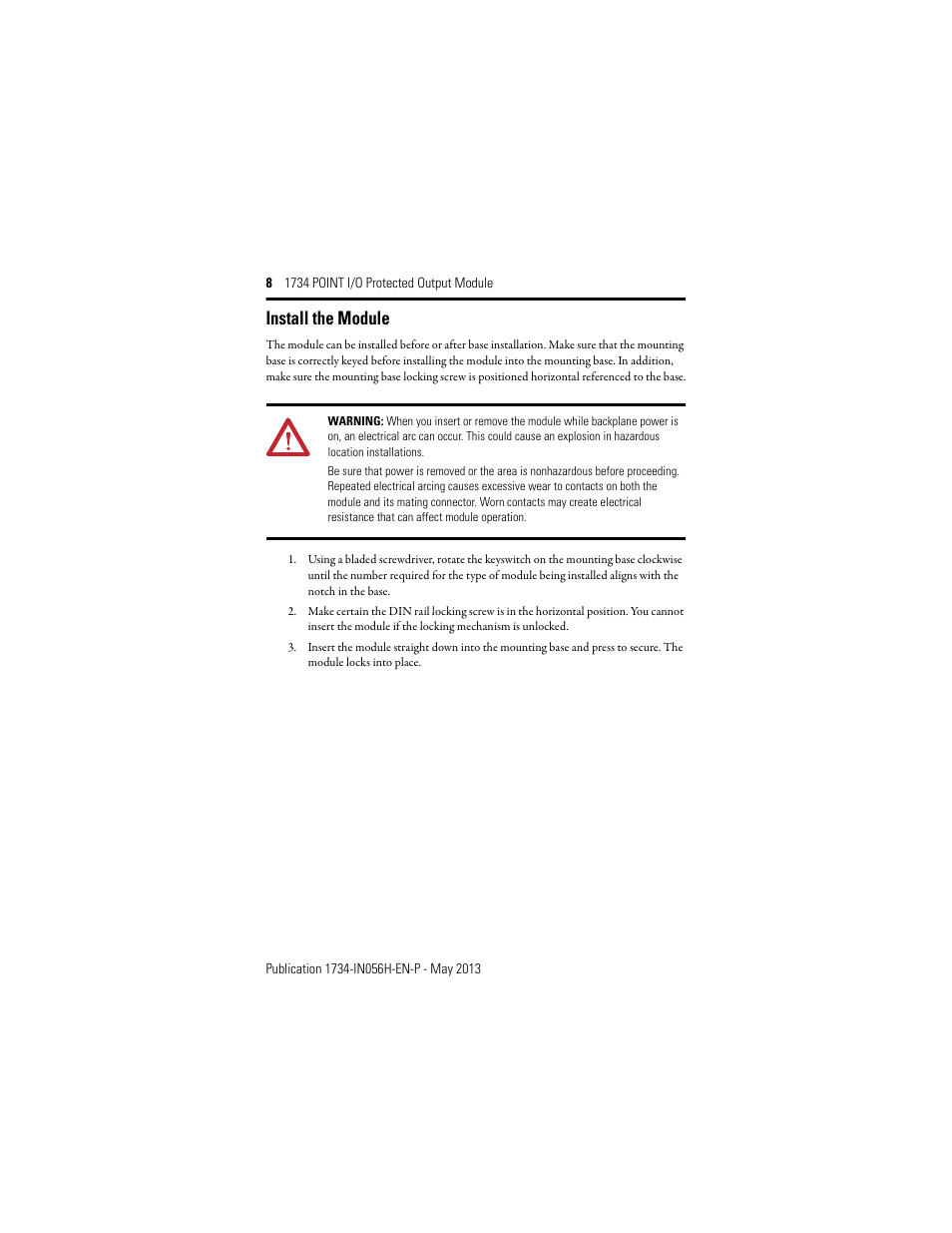 Install the module | Rockwell Automation 1734-OB2E_4E_8E, Series C POINT I/O Protected Output Module Installation Instructions User Manual | Page 8 / 22