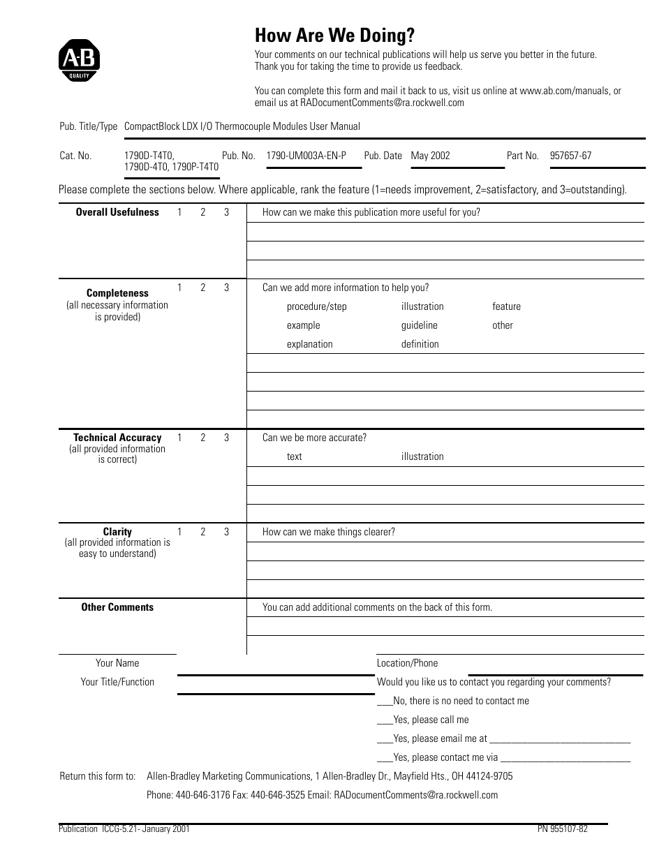 How are we doing | Rockwell Automation 1790P-T4T0 CompactBlock LDX I/O Thermocouple Modules User Manual | Page 109 / 112