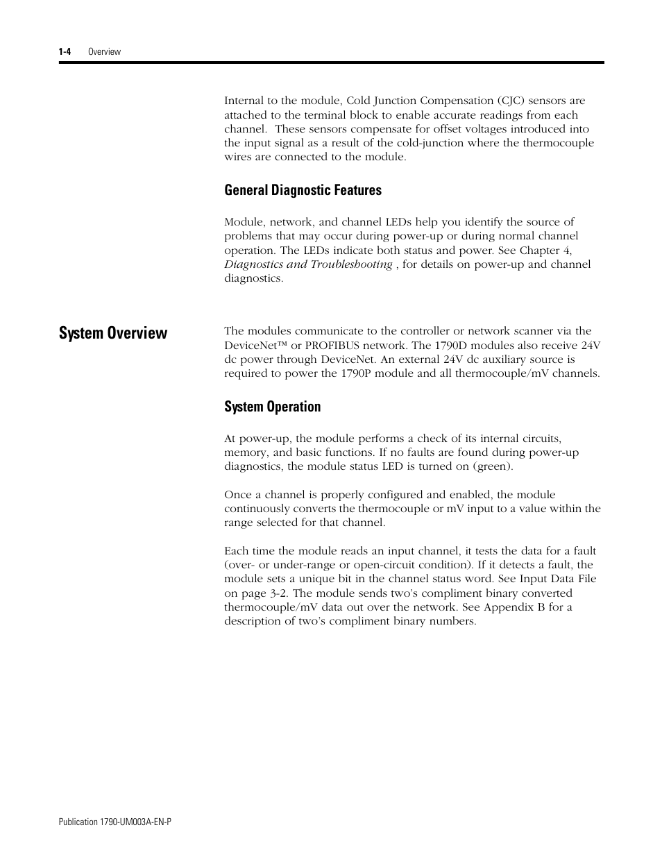 System overview, General diagnostic features, System overview -4 | System operation -4 | Rockwell Automation 1790P-T4T0 CompactBlock LDX I/O Thermocouple Modules User Manual | Page 12 / 112