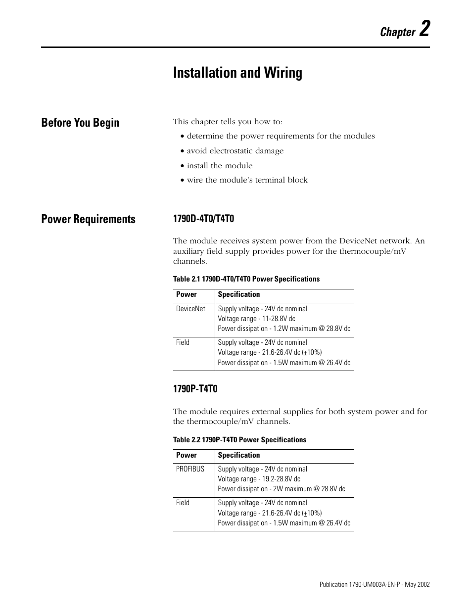 Chapter 2, installation and wiring, Before you begin, Power requirements | Chapter 2, Installation and wiring, Before you begin -1 power requirements -1, 1790d-4t0/t4t0 -1 1790p-t4t0 -1, Chapter | Rockwell Automation 1790P-T4T0 CompactBlock LDX I/O Thermocouple Modules User Manual | Page 15 / 112