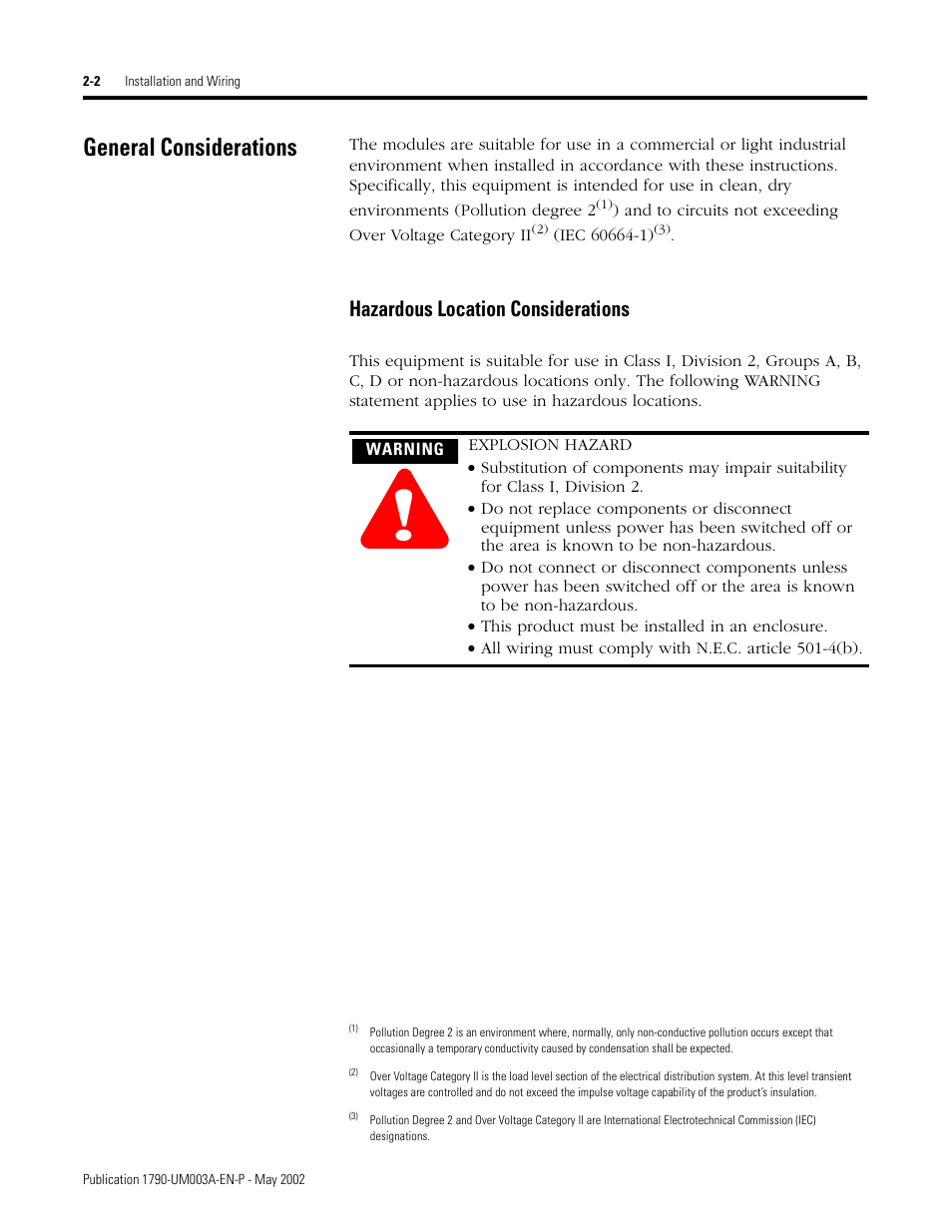 General considerations, General considerations -2, Hazardous location considerations -2 | Hazardous location considerations | Rockwell Automation 1790P-T4T0 CompactBlock LDX I/O Thermocouple Modules User Manual | Page 16 / 112