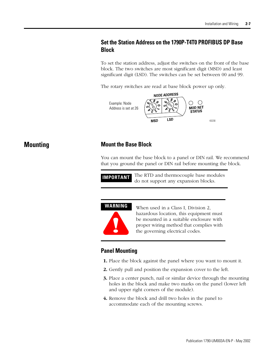 Mounting, Mounting -7, Mount the base block -7 panel mounting -7 | Rockwell Automation 1790P-T4T0 CompactBlock LDX I/O Thermocouple Modules User Manual | Page 21 / 112