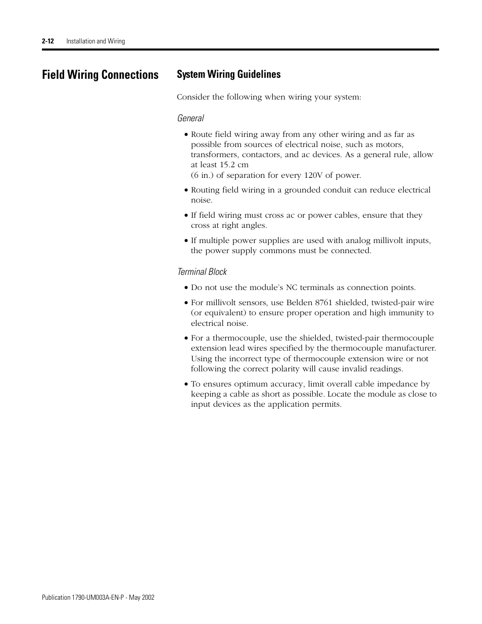 Field wiring connections, Field wiring connections -12, System wiring guidelines -12 | System wiring guidelines | Rockwell Automation 1790P-T4T0 CompactBlock LDX I/O Thermocouple Modules User Manual | Page 26 / 112