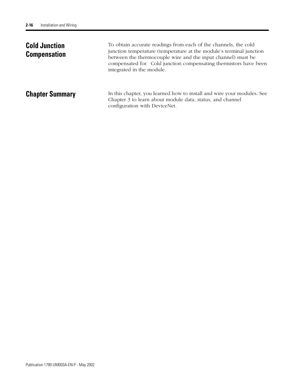 Cold junction compensation, Chapter summary, Cold junction compensation -16 chapter summary -16 | Rockwell Automation 1790P-T4T0 CompactBlock LDX I/O Thermocouple Modules User Manual | Page 30 / 112