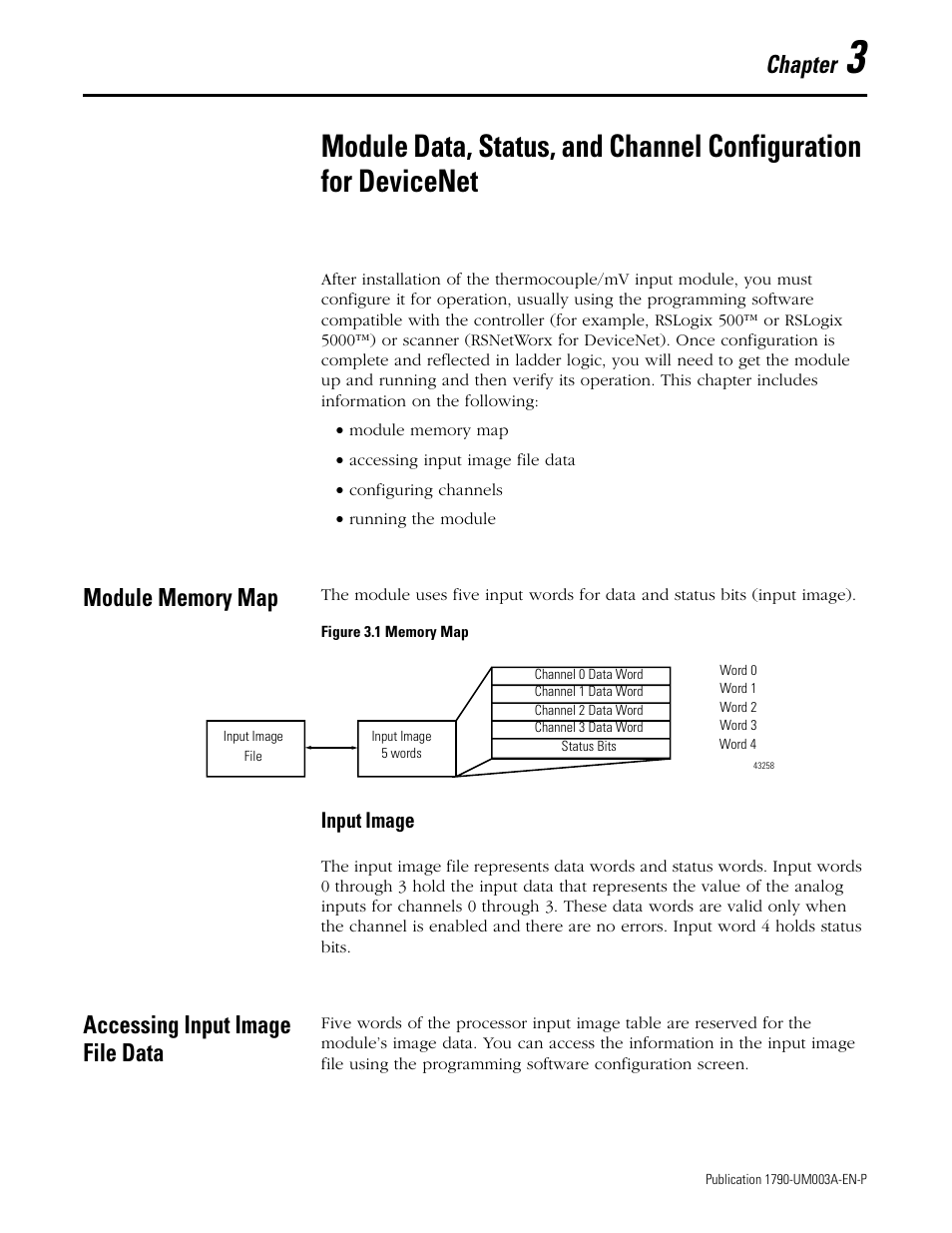 Module memory map, Accessing input image file data, Chapter 3 | Module memory map -1, Input image -1, Accessing input image file data -1, Chapter | Rockwell Automation 1790P-T4T0 CompactBlock LDX I/O Thermocouple Modules User Manual | Page 31 / 112
