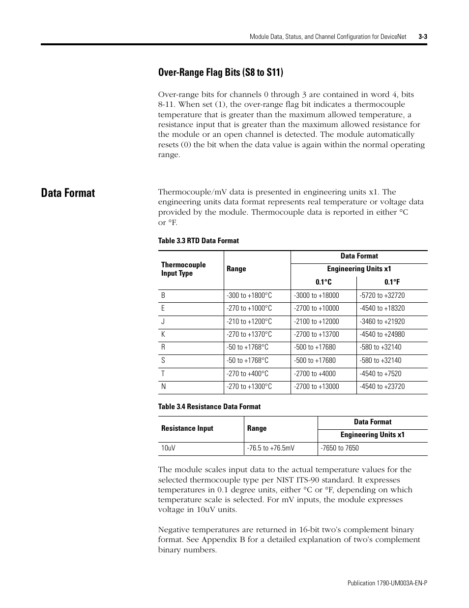 Data format, Over-range flag bits (s8 to s11) -3, Data format -3 | Over-range flag bits (s8 to s11) | Rockwell Automation 1790P-T4T0 CompactBlock LDX I/O Thermocouple Modules User Manual | Page 33 / 112