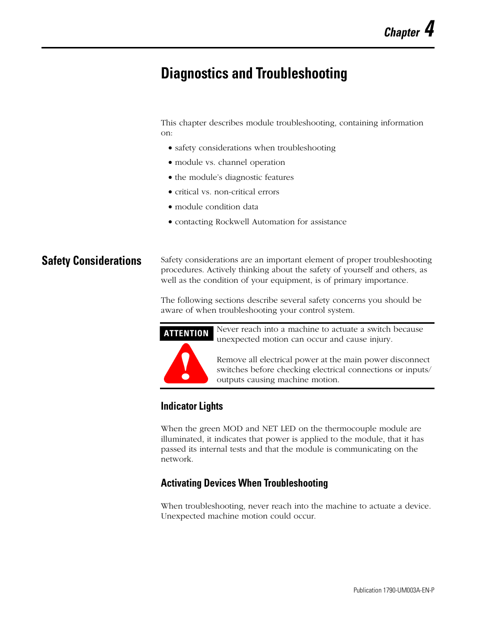 Chapter 4, diagnostics and troubleshooting, Safety considerations, Chapter 4 | Diagnostics and troubleshooting, Safety considerations -1 | Rockwell Automation 1790P-T4T0 CompactBlock LDX I/O Thermocouple Modules User Manual | Page 51 / 112