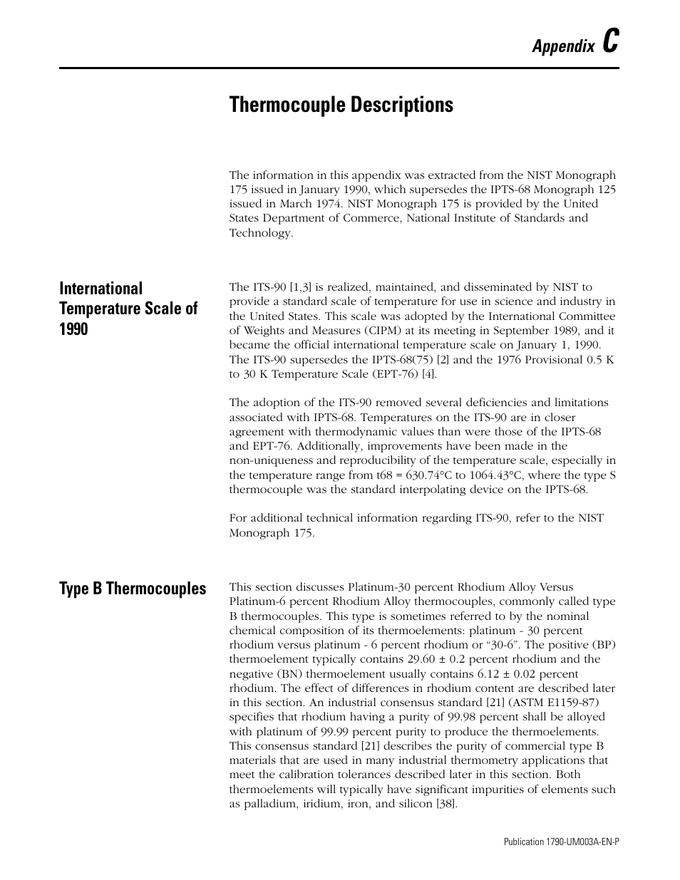 Appendix c, thermocouple descriptions, International temperature scale of 1990, Type b thermocouples | Appendix c, Thermocouple descriptions | Rockwell Automation 1790P-T4T0 CompactBlock LDX I/O Thermocouple Modules User Manual | Page 63 / 112