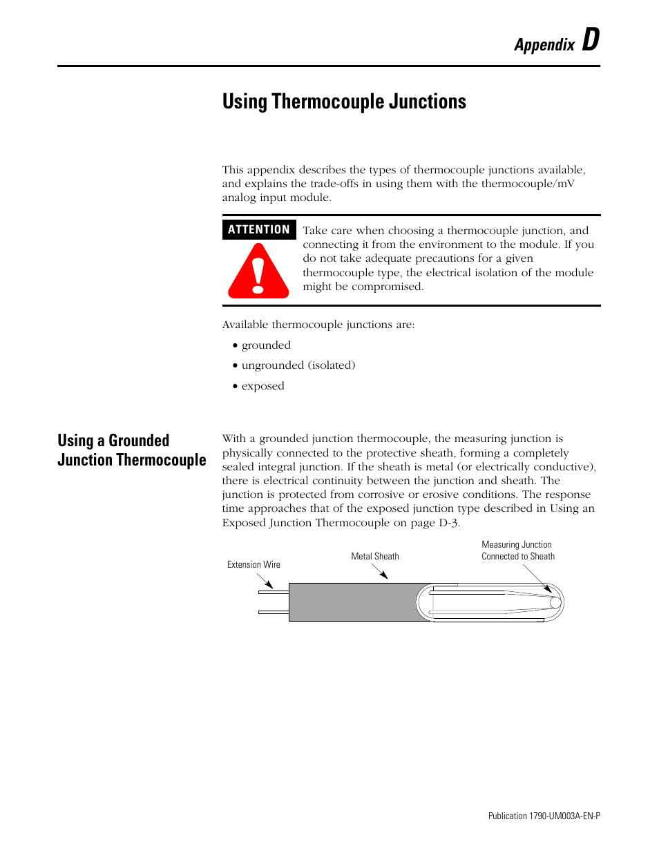 Appendix d, using thermocouple junctions, Using a grounded junction thermocouple, Appendix d | Using thermocouple junctions | Rockwell Automation 1790P-T4T0 CompactBlock LDX I/O Thermocouple Modules User Manual | Page 85 / 112