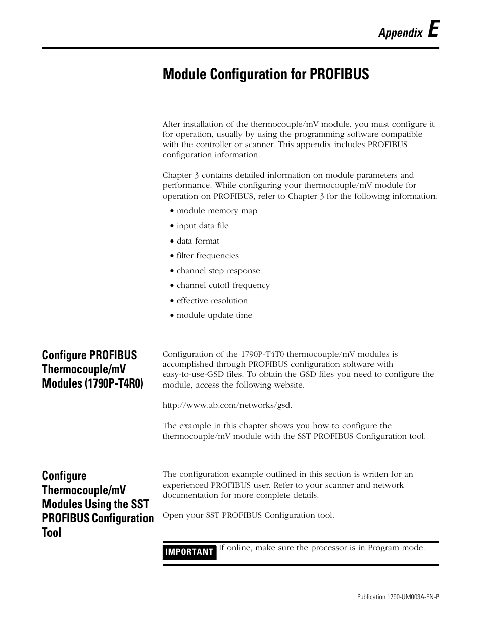 Appendix e, module configuration for profibus, Appendix e, Module configuration for profibus | Appendix | Rockwell Automation 1790P-T4T0 CompactBlock LDX I/O Thermocouple Modules User Manual | Page 89 / 112