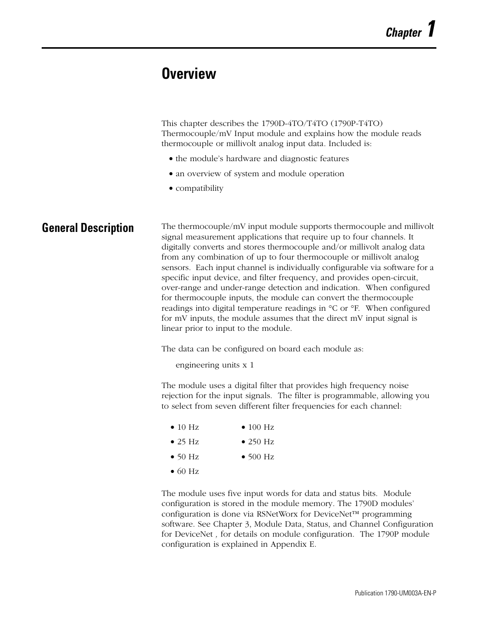 Chapter 1, overview, General description, Chapter 1 | Overview, General description -1, Chapter | Rockwell Automation 1790P-T4T0 CompactBlock LDX I/O Thermocouple Modules User Manual | Page 9 / 112