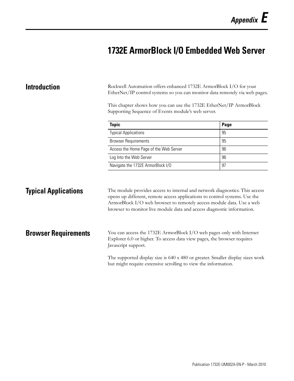 Introduction, Typical applications, Browser requirements | Appendix e, 1732e armorblock i/o embedded web server, Appendix | Rockwell Automation 1732E-IB16M12SOEDR EtherNet/IP ArmorBlock supporting Sequence of Events User Manual | Page 103 / 132