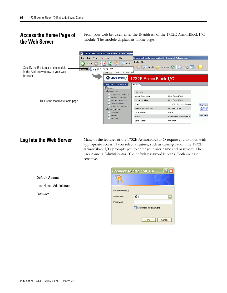 Log into the web server, Access the home page of the web server | Rockwell Automation 1732E-IB16M12SOEDR EtherNet/IP ArmorBlock supporting Sequence of Events User Manual | Page 104 / 132