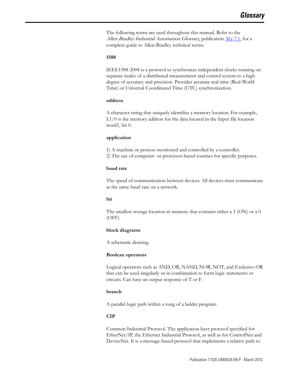 Glossary | Rockwell Automation 1732E-IB16M12SOEDR EtherNet/IP ArmorBlock supporting Sequence of Events User Manual | Page 107 / 132