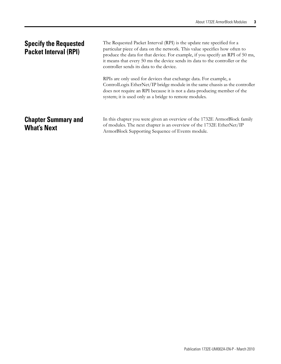 Specify the requested packet interval (rpi), Chapter summary and what’s next | Rockwell Automation 1732E-IB16M12SOEDR EtherNet/IP ArmorBlock supporting Sequence of Events User Manual | Page 11 / 132