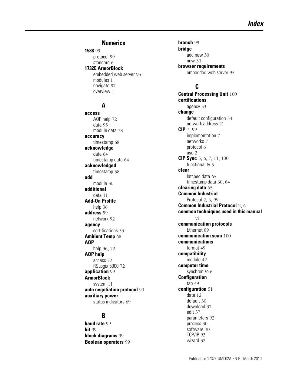 Index, Numerics | Rockwell Automation 1732E-IB16M12SOEDR EtherNet/IP ArmorBlock supporting Sequence of Events User Manual | Page 119 / 132