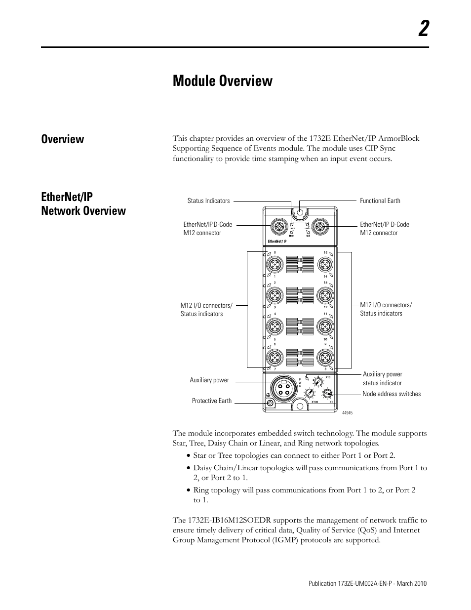 Chapter 2 - module overview, Overview, Ethernet/ip network overview | Module overview | Rockwell Automation 1732E-IB16M12SOEDR EtherNet/IP ArmorBlock supporting Sequence of Events User Manual | Page 13 / 132