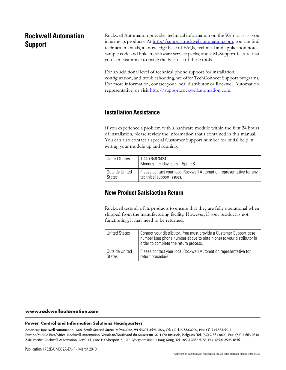 Back cover, Rockwell automation support, Installation assistance | New product satisfaction return | Rockwell Automation 1732E-IB16M12SOEDR EtherNet/IP ArmorBlock supporting Sequence of Events User Manual | Page 132 / 132