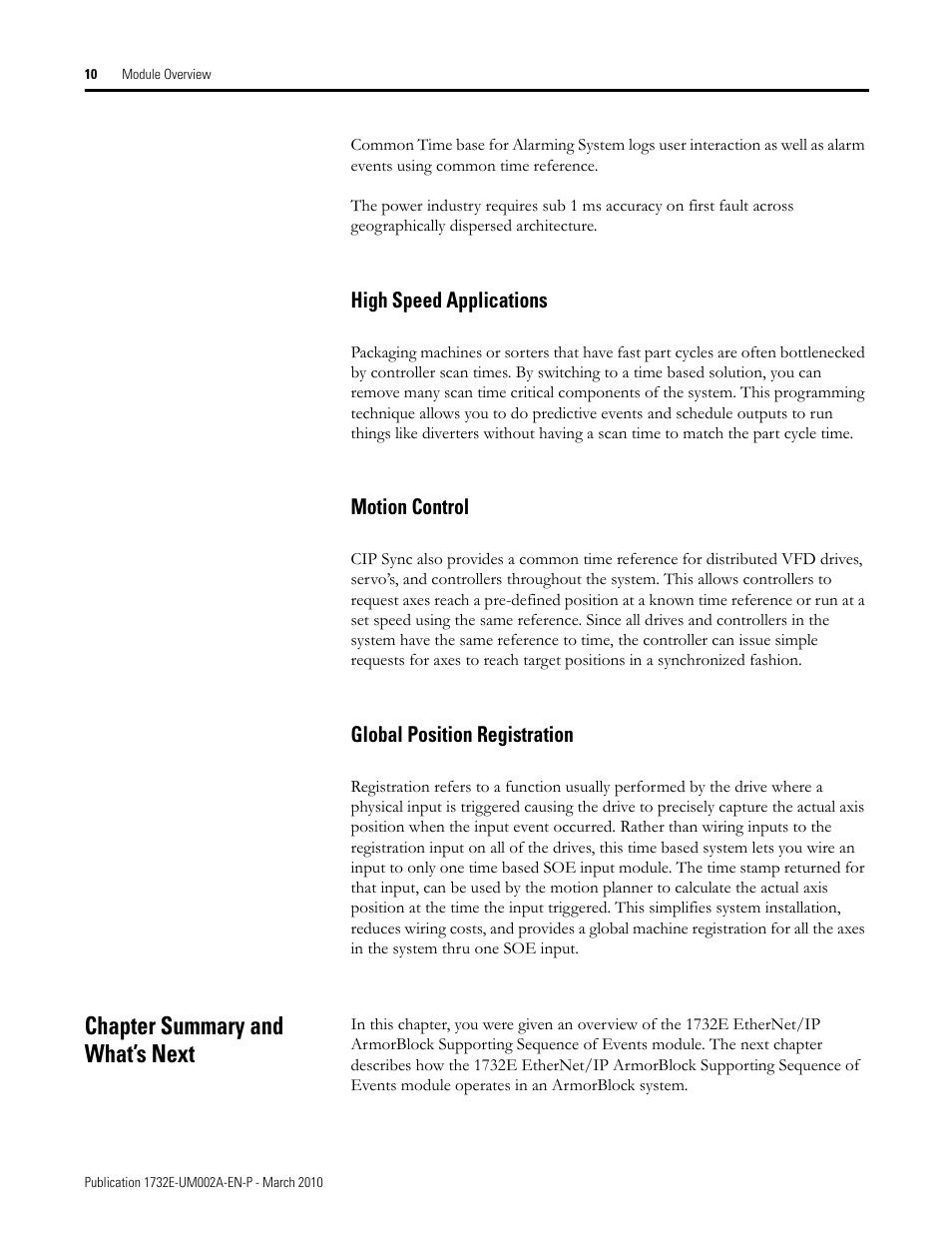 High speed applications, Motion control, Global position registration | Chapter summary and what’s next | Rockwell Automation 1732E-IB16M12SOEDR EtherNet/IP ArmorBlock supporting Sequence of Events User Manual | Page 18 / 132