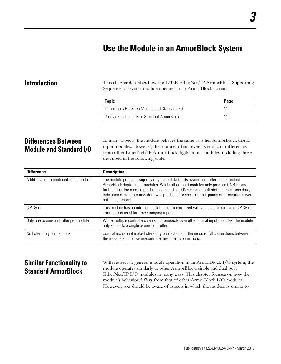 Chapter 3 - use the module in an armorblock system, Introduction, Differences between module and standard i/o | Similar functionality to standard armorblock, Use the module in an armorblock system | Rockwell Automation 1732E-IB16M12SOEDR EtherNet/IP ArmorBlock supporting Sequence of Events User Manual | Page 19 / 132