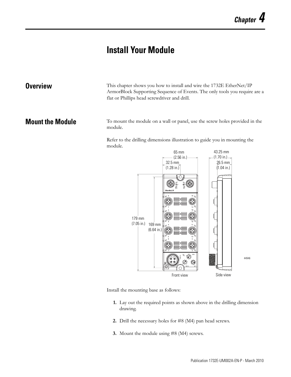 Chapter 4 - install your module, Overview, Mount the module | Install your module, Chapter | Rockwell Automation 1732E-IB16M12SOEDR EtherNet/IP ArmorBlock supporting Sequence of Events User Manual | Page 21 / 132