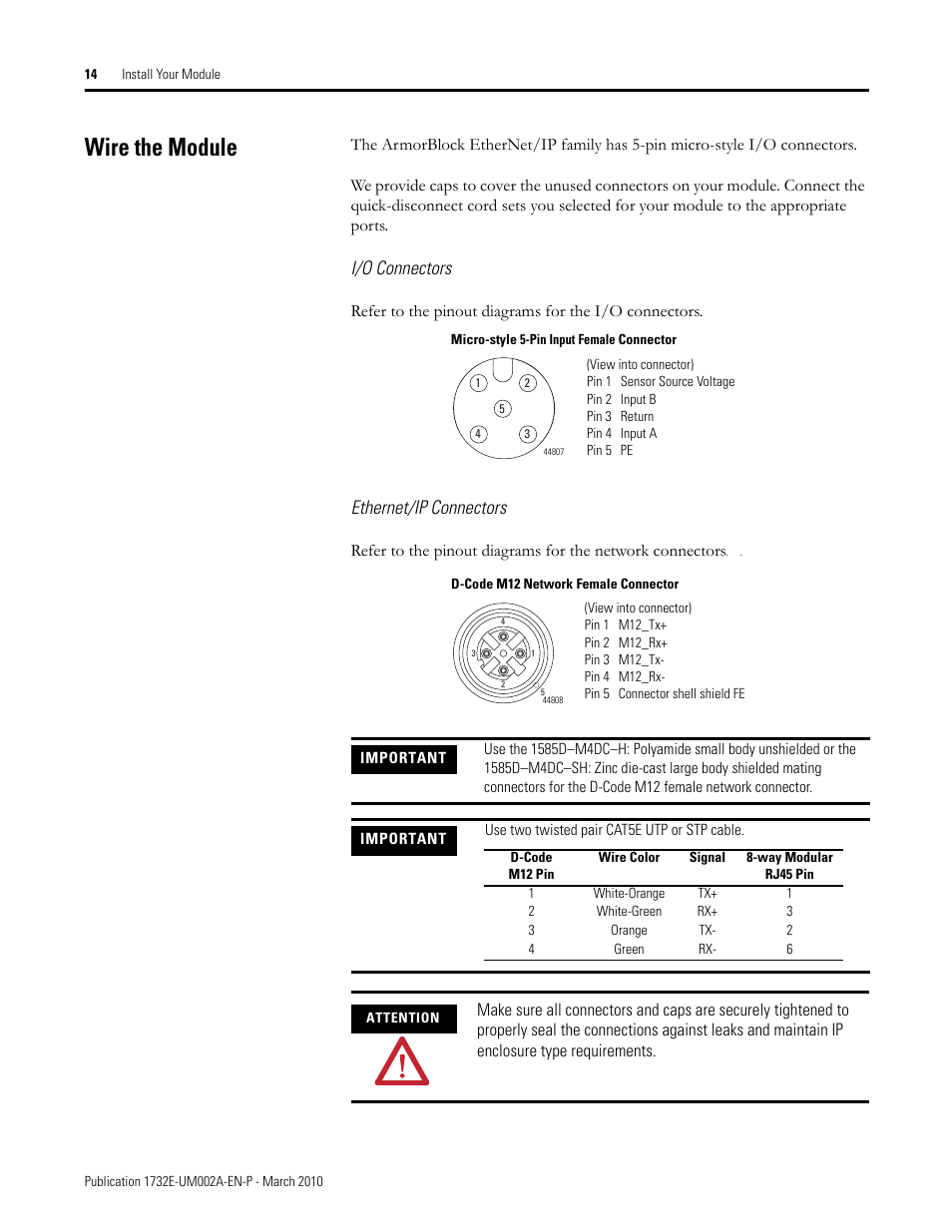 Wire the module, I/o connectors, Ethernet/ip connectors | Rockwell Automation 1732E-IB16M12SOEDR EtherNet/IP ArmorBlock supporting Sequence of Events User Manual | Page 22 / 132